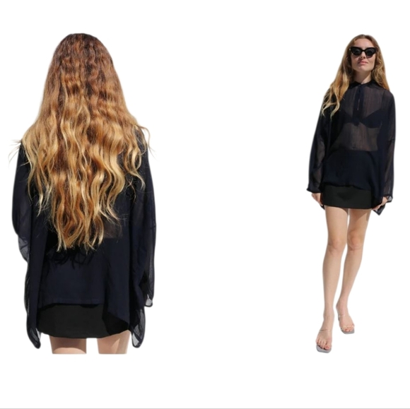 HELMUT LANG Sheer Over Sized 3/4 Bat Wing Sleeves Button Down Shirt. Black. Med - Picture 4 of 14